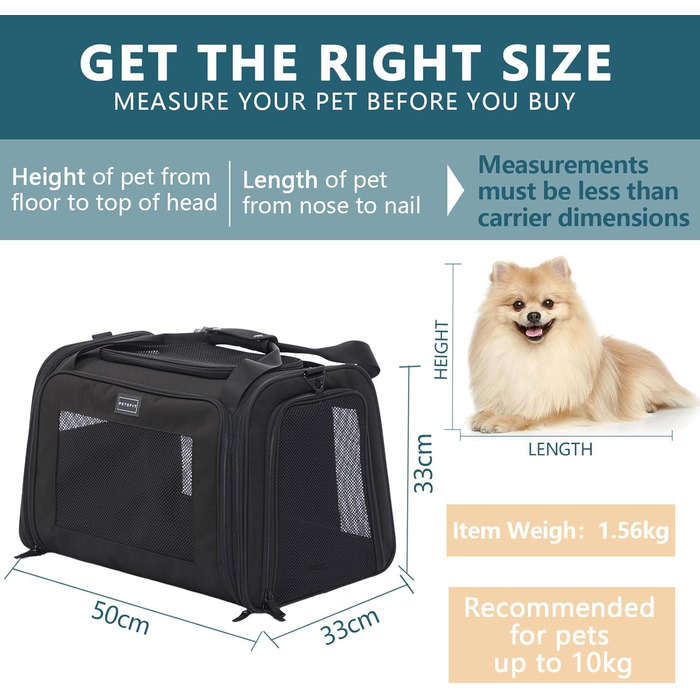 Транспортна переноска для котів та собак Petsfit, чорна, 47.5L x 33B x 33H см, з м'яким розкладним килимком та плечовим ременем