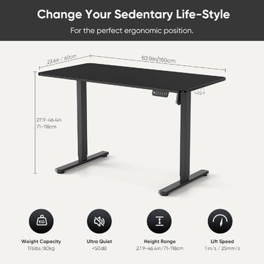 VOSATRON Electric Height Adjustable Desk 160x60cm - Standing Desk with Memory Control & Anti-Collision Technology, Wheels, Joining Board, Black Frame/Black Tabletop