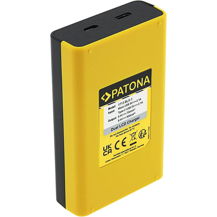 Зарядний пристрій Patona Dual LCD USB-C/Micro-USB для акумуляторів Olympus BLX-1 (OM System OM-1, OM-1 Mark II, OM-3) – одночасна зарядка 2-х акумуляторів з індикацією заряду, компактний для подорожей