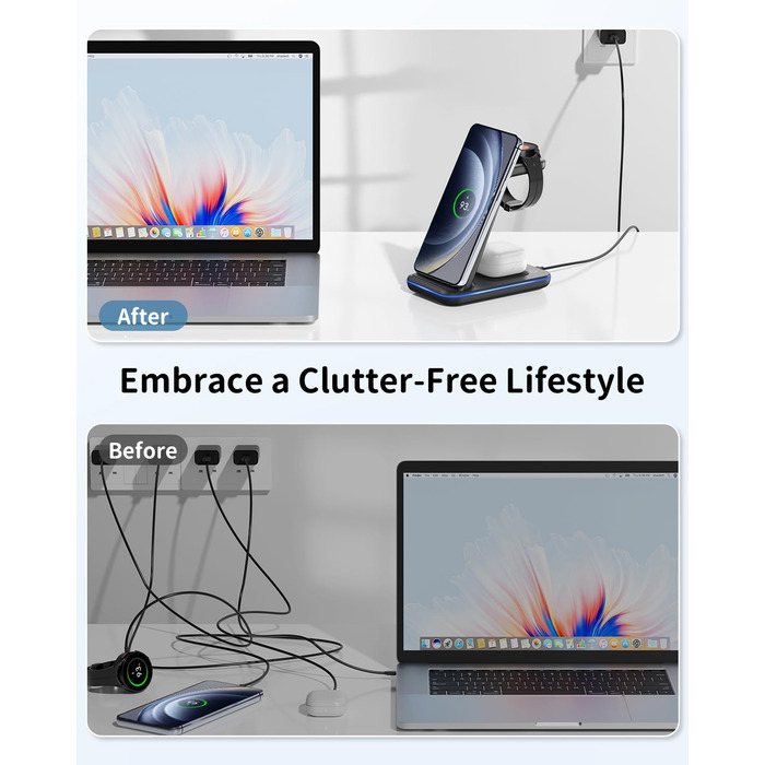 Бездротова зарядка JoyGeek 3-в-1 для Samsung Galaxy S25/S24/S23/S22/Z Flip/Fold, Galaxy Watch Ultra/8/4, Galaxy Buds - Чорний