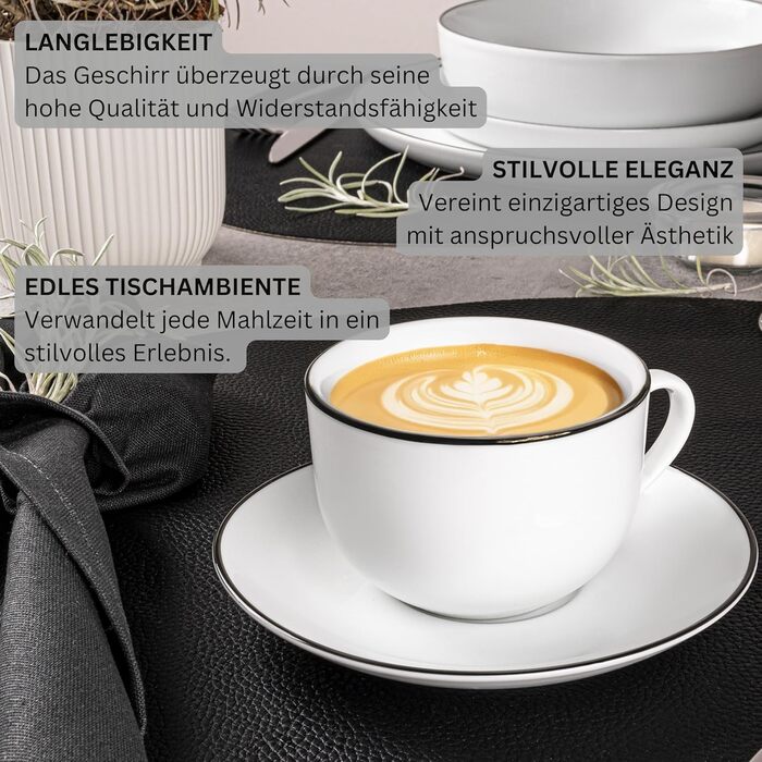 Sänger | 12-Piece Marlo Black Rim Tea/Coffee Set with Saucers, Coffee Cups for 6 People, Porcelain Coffee Set, Coffee Cup with Saucer, White with Black Accents, 200 ml | PREMIUM COLLECTION