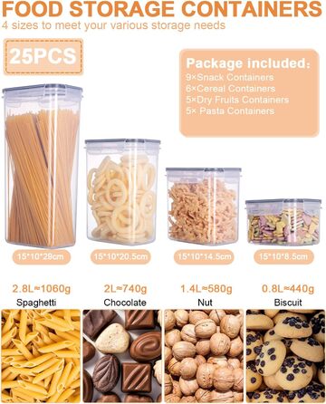 Набір контейнерів для зберігання продуктів 25 елементів (9x0.8L + 6x1.4L + 5x2L + 5x2.8L), герметичні, з кришкою, для кухні, органайзер, пластик, для спагеті, борошна, мюслі, кукурудзяних пластівців