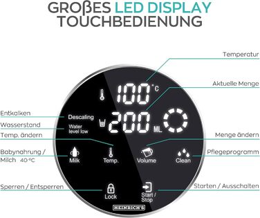 Heinrich's hot water dispenser: hot water at the touch of a button between 40°-100°C, water volume selectable from 100ml-400ml, suitable for baby food, incl. cleaning function + filter, touch display, 2.7