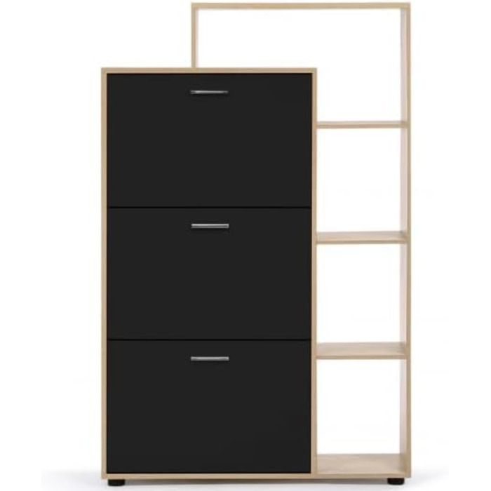 Shoe cabinet KLARK for 18 pairs, beechwood imitation finish, 3 black doors with shelf