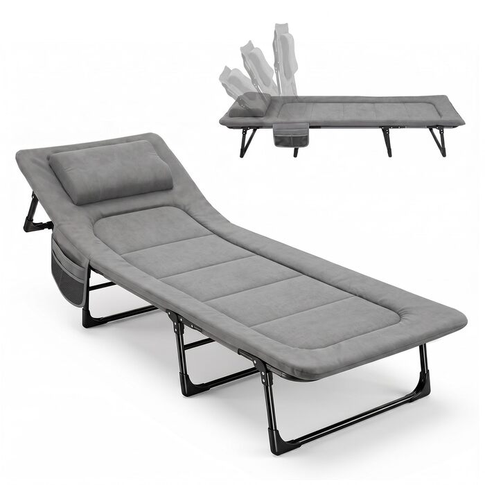 Ліжко туристичне розкладне Sekey XXL 190x71x35 см, сіре з подушкою - для кемпінгу, риболовлі, міцний сталевий каркас, Oxford тканина
