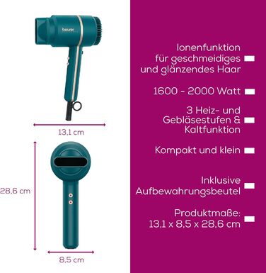 Фен Beurer HC 35 з іонізацією та насадкою для стайлінгу, 1600-2000 Вт, LED-дисплей, сумка, Petrol