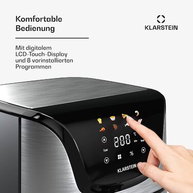 Klarstein AeroVital Deluxe Hot Air Fryer – 5.4L Airfryer, 1700W, Touch Display, 8 Programs, Non-Stick Coating, Grill Rack & Pizza Pan, Cool-Touch Housing, Timer & Temperature Control, Stainless Steel Hot Air Fryer + Basic Accessory Set