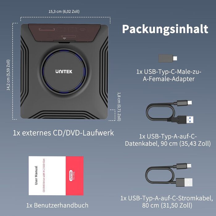 Зовнішній CD/DVD привід UNITEK USB-C, портативний DVD-плеєр з картридером SD, USB 3.0 Hub та CD-ROM записником для ноутбуків, ПК, Windows, Linux, macOS (чорний)