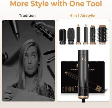 Фен-щітка 5-в-1 Airstyler Pro 1000W з регулюванням напрямку повітря, іонізація, для створення об'єму, локонів та укладки волосся (сірий)