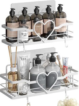 Двосекційна поличка для душу без свердління з 4 гачками, органайзер для шампуню та мила, поличка для ванної кімнати (11.5 см, білий)