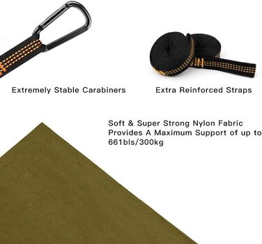 Легка туристична гамак для кемпінгу | Міцна, з карабінами та ременями, 275x140 см, 300 кг, нейлон, для відпочинку на природі та вдома
