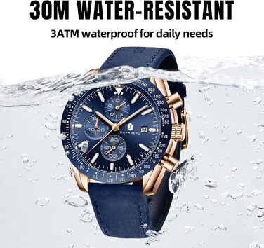 Годинник чоловічий BENYAR з коричневим шкіряним ремінцем, кварцовий хронограф, дата, календар, водостійкий, спортивний, з блакитним циферблатом (золотий корпус)