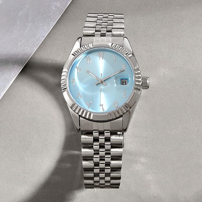 Елегантний механічний годинник з нержавіючої сталі з арабськими цифрами, автоматичним механізмом, 38 мм, чоловічий, з датою, водостійкий (світло-блакитний)