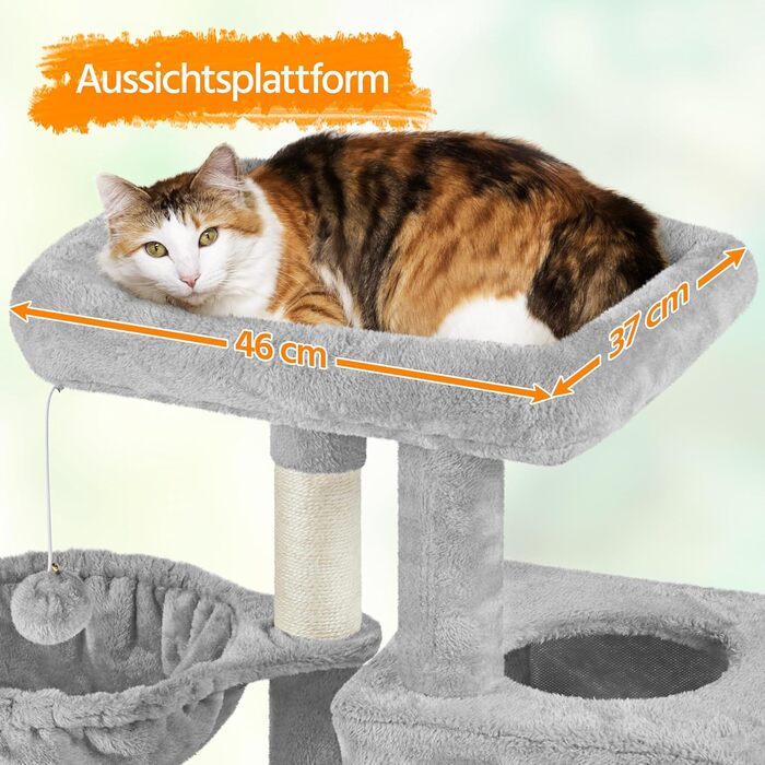 Yaheetech Cat Tree 94 cm high, Cat Climbing Tree for Cats, with Sisal Posts, Caves, Large Platform, Basket, Plush Balls, Light Grey