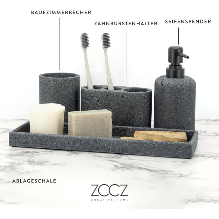 Набір для ванної кімнати ZCCZ 6 предметів: органайзер для зубних щіток, дозатор мила, мильниця, підставка для косметики та ватних паличок. Елегантний декор у мармуровій стилі, пісочний колір (чорний, 4 шт.)