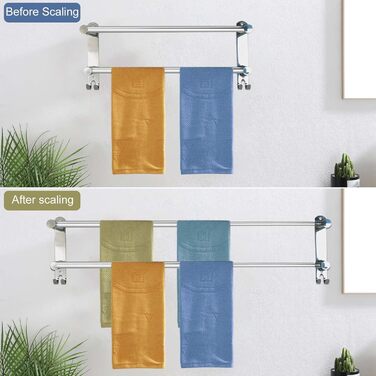 Тримач для рушників настінний з нержавіючої сталі, глянсовий, висувний, 2 стійки, 43-75 см з гачками, для ванної кімнати, монтаж на свердла або на клей - 2 способи встановлення, підходить для ванної та кухні