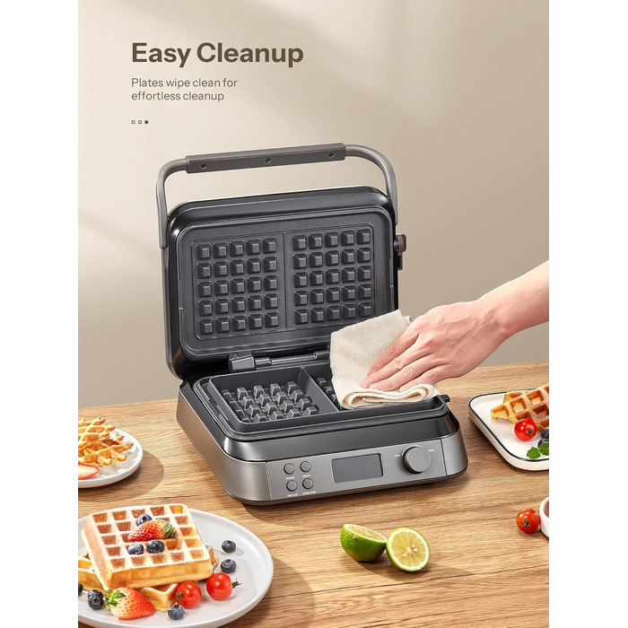 1600W Belgian Waffle Maker - 5 Programs, 7 Browning Levels, LCD Display, Timer, Stainless Steel