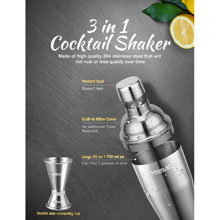 Набір для коктейлів YISSVIC 22 частини: шейкер, мірні склянки, ложка, наливник, підставка з бамбука. Подарунок для професіоналів та початківців