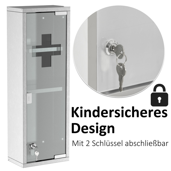 Kleankin Medicine Cabinet First-Aid Cabinet 20x12x58cm Stainless Steel with Frosted Glass in Silver, ideal for Home & Office