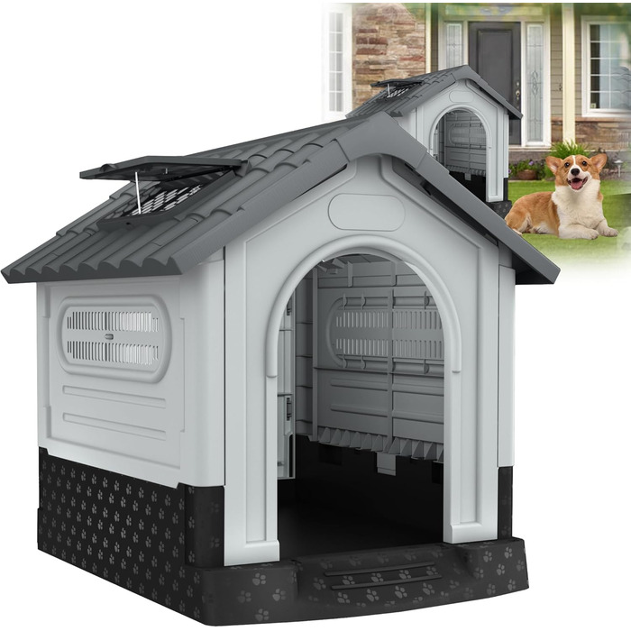Будка для собак HENGMEI XL з пластику, 79.5×70.5×78 см: водонепроникна, ізольована, з піднятим дном та козирком