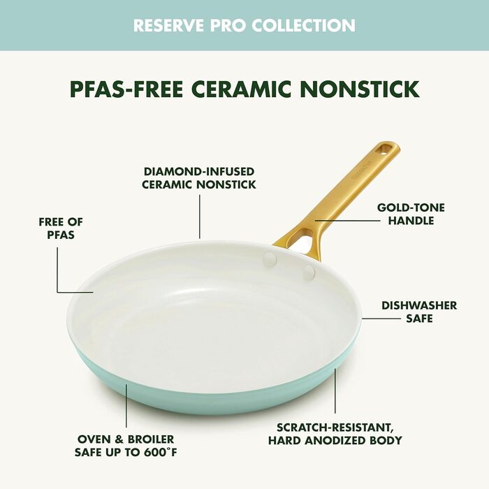 GreenPan Reserve Pro сковорода з антипригарним покриттям, 20.3 см, кераміка, без PFAS, нержавіюча сталь, для плити та духовки, блакитний колір