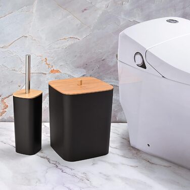 Yorkmills 6-Piece Bamboo Bathroom Accessory Set, Bathroom Accessory Set, Bathroom Trash Can and Toilet Brush Set, Modern Trash Can, Toothbrush Holder Cup, Soap Dish Holder