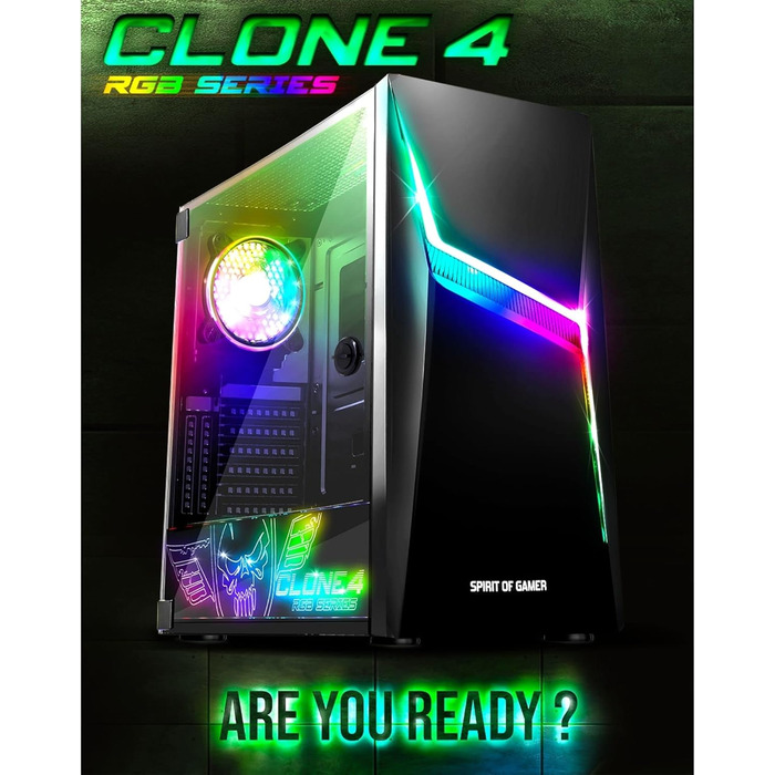 Корпус для ПК Spirit of Gamer Clone 4 RGB з прозорою стінкою з загартованого скла. Підтримує ATX/mATX/ITX. В комплекті 2 вентилятори 120 мм.