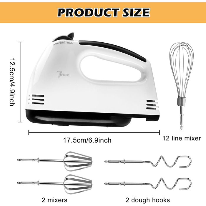 Електричний ручний міксер з нержавіючої сталі, 7 швидкостей, 2 насадки для збивання та 2 гаки для тіста - для кухні