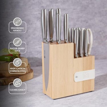 13-Piece Premium Stainless Steel Knife Block Set with Magnetic Storage - Ergonomic Handles, Kitchen Chef's Knife Set, Acacia Wood Block with Leather Strap
