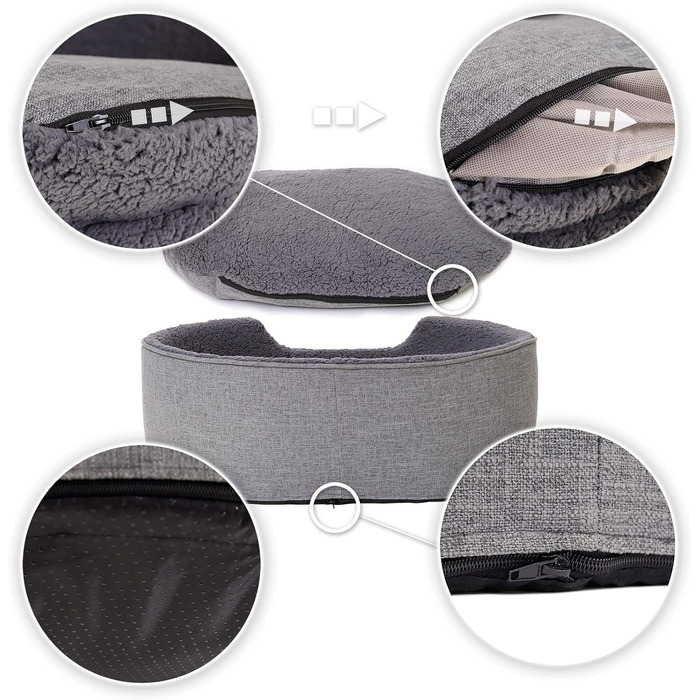 Lionto Dog Bed with Reversible Cushion and Washable Cover, Stable Dog Basket with Anti-Slip Studs, 92x72 cm, Cozy Pet Bed for Dogs and Cats with Plush, Grey