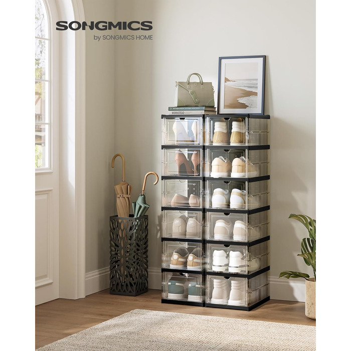 SONGMICS Shoe Cabinet Set, with 18 Shoe Boxes, Integrated Shoe Organizer, Foldable, Portable, for Shoes up to Size 46, 1-Minute Assembly, Transparent-Cloud White LSP207W01 (Transparent + Ink Black, 2)