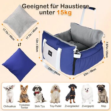 Автокрісло для собак 3-в-1 – переносна ліжко для маленьких собак, з розкладною поверхнею, м'яким матрацом, для переднього або заднього сидіння, внутрішнє та зовнішнє використання (04-Blau)