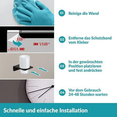 WEISSENSTEIN Toothbrush Holder without Drilling | Cup and Toothbrush Holder for Gluing to the Wall | Stainless Steel Holder and White Glass | in Matte Black