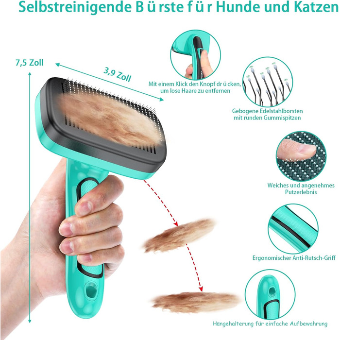 Щітка для собак і котів, самоочисна, для вичісування підшерстка та відмерлого волосся, ідеальна для довгошерстих та короткошерстих порід, делікатна до шкіри, зменшує випадіння шерсті, синя (зелена - набір 5 в 1)