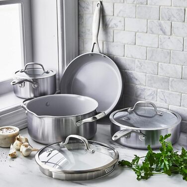 Набір кухонного посуду GreenPan Venice Tri-Ply 7 предметів: каструлі та сковороди з нержавіючої сталі, антипригарне покриття, без PFAS, для індукційних плит, сумісний з духовкою, сріблястий