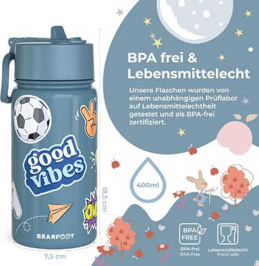 Дитяча термопляшка Bearfoot з нержавіючої сталі з трубочкою, 400 мл, без BPA, не протікає, для малюків, дівчаток та хлопчиків, ідеально для школи та садочка (Блакитна з наліпкою)