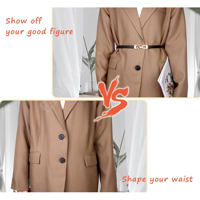 Жіночі шкіряні ремені (2 шт.) - тонкі, з золотою пряжкою для суконь та пальто (чорний+білий)