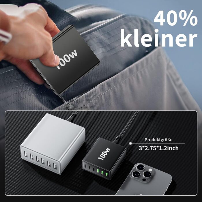Багатопортовий зарядний пристрій HSSNS USB-C: 100W, 6 портів, швидка зарядка, USB-C та USB-A, для iPad, iPhone та смартфонів, чорний