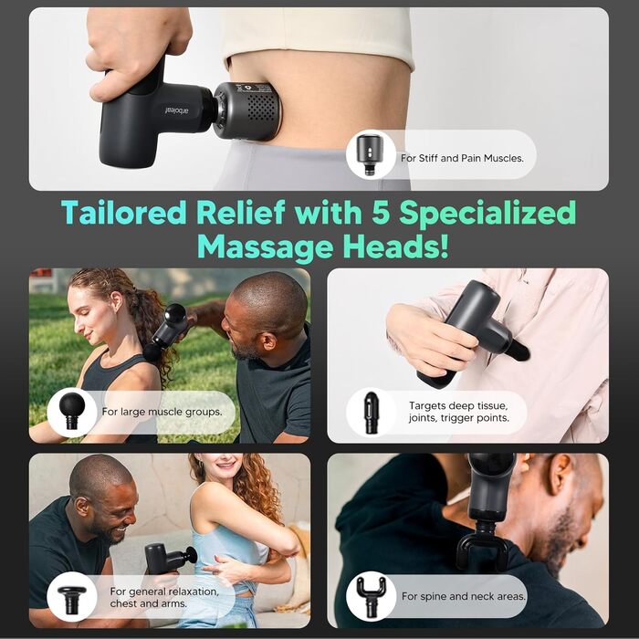 Масажер для тіла Arboleaf Mini Massage Gun: 5 швидкостей, 4 насадки, 3200 U/Min, для дому, фітнесу та подорожей (Чорний з підігрівом)