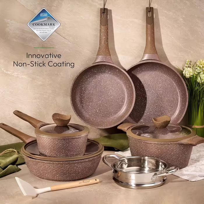 JUST PERFECTO Cookware Set & Frying Pan Set Induction - Frying Pan Set with Lid - Pots & Pans Sets - Pots and Pans Set without PTFE and PFOA - Aluminum Cookware Set with Non-Stick Coating 14 pcs marron beige
