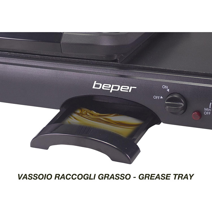BEPER Electric Grill with Glass Lid - Non-Stick Coated Plate, Stainless Steel, 1600W