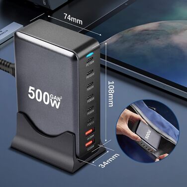 Зарядний пристрій USB C 500W, 8 портів: швидка зарядка USB-C/USB-A, PD PPS 100W для MacBook, iPad, Samsung та інших пристроїв