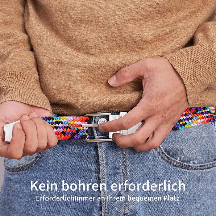 Тканинний ремінь TANGCHAO: еластичний плетений ремінь для жінок та чоловіків, ширина 3.3 см, довжина 90-135 см (білий, багатокольоровий, 120 см)