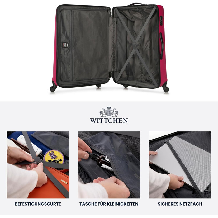 Набір валіз WITTCHEN Globe Line: 4 валізи, жорсткий корпус ABS, телескопічна ручка, кодовий замок, 4 колеса. Підходить для Lufthansa, Eurowings, Ryanair, Condor, Discover Airlines (Рожевий)