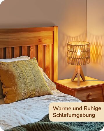 LED настільна лампа EDISHINE з абажуром з ручної роботи, дерев'яною ніжкою, тепле світло 2700K, бохо-стиль, для спальні, вітальні, готелю, з лампочкою E27 4W