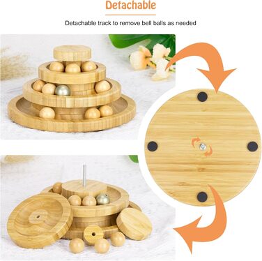 Cat Toy Self-Entertainment, Interactive Bamboo Cat Toy THREE Tiers Rotating Smart Track Ball Swing Roller with Bells