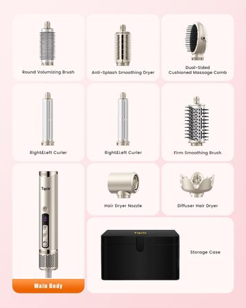 Airstyler 8-в-1: комплект для укладки та сушки волосся з автоматичною завивкою, щіткою, концентратором, дифузором, швидка сушка, без пошкодження волосся, золото