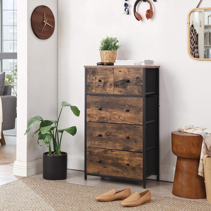 SONGMICS Chest of Drawers, Storage Cabinet, 5 Fabric Drawers, for Entryway, Living Room, White-Oak Finish LTS514W57 (Rustic Brown + Black)