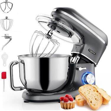 Fentic 2000W Stand Mixer - Stainless Steel Bowl (6.2L) - Kitchen Machine with Dough Hook, Beater, Whisk & Splash Guard - Includes Accessories - Anthracite