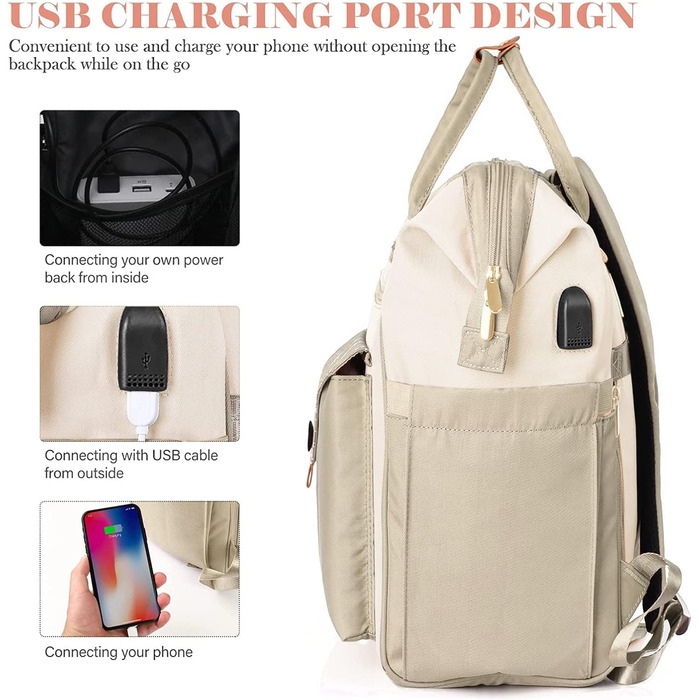Жіночий рюкзак для ноутбука 15.6 дюймів, шкільний/робочий рюкзак з USB-портом для зарядки, для подорожей, кемпінгу, дівчатам, Оксфорд (Бежевий)